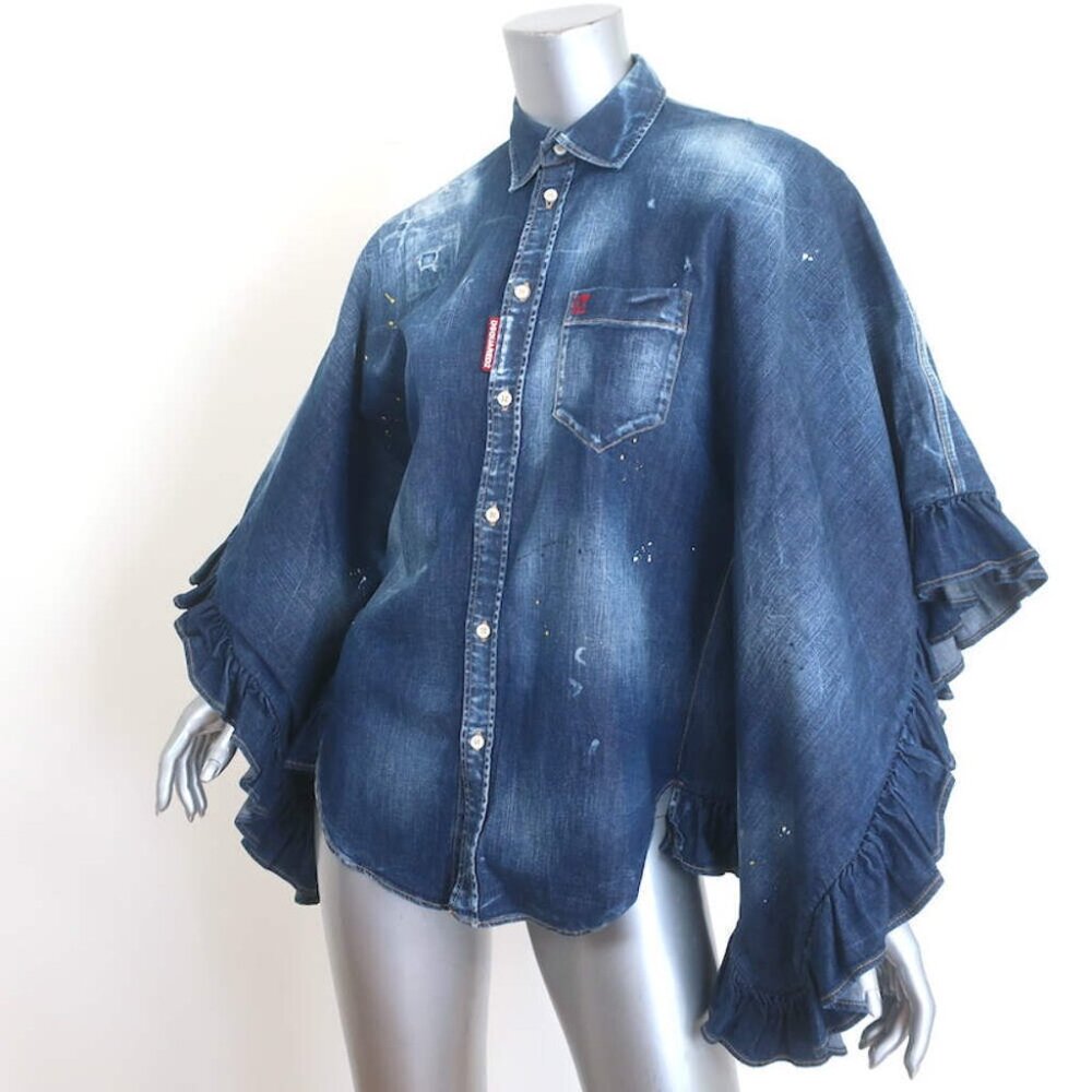 Dsquared2 Lilou Ruffled Paint-Splattered Denim Shirt Dark Blue Size 38 - Picture 3 of 9
